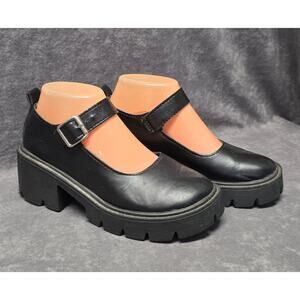 Mary Janes Chucky Block Heel Black Faux Leather Ankle Strap Platform Shoes